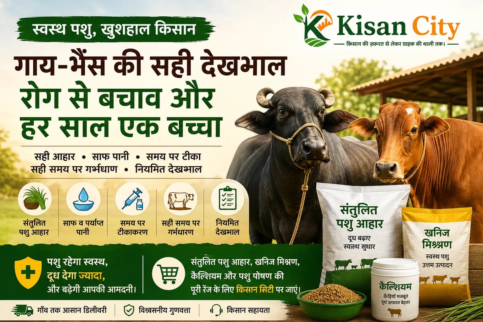 गाय-भैंस की सही देखभाल, संतुलित पशु आहार, खनिज मिश्रण, कैल्शियम, टीकाकरण और गर्भधारण की जानकारी